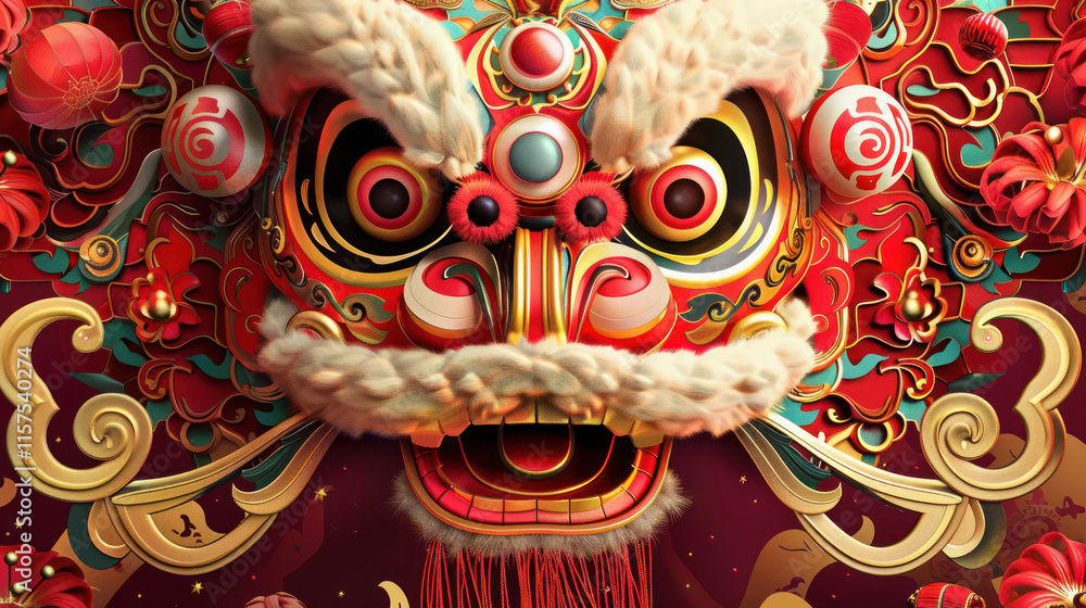 Fototapeta premium Chinese New Year, traditional festive theme, vibrant colors, rich red and gold details, detailed cultural elements, high-resolution illustration