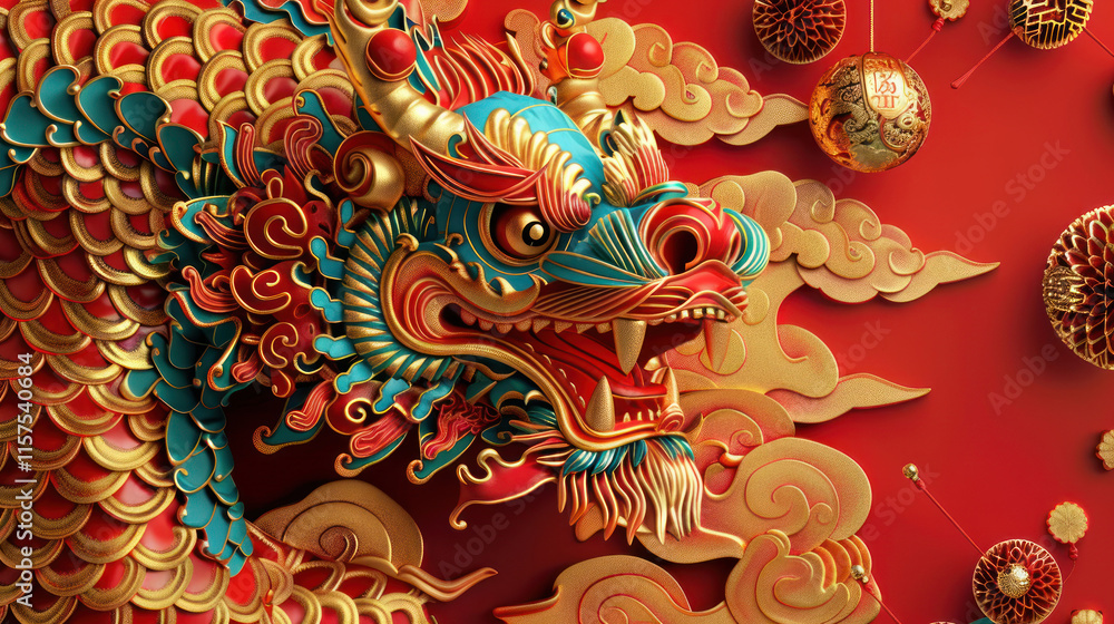 Fototapeta premium Chinese New Year, traditional festive theme, vibrant colors, rich red and gold details, detailed cultural elements, high-resolution illustration