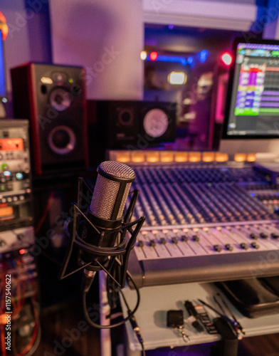 professional microphone with a sound mixer and studio monitors in a recording studio 