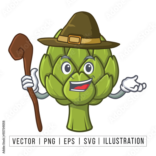 Cartoon Artichoke Character with Pilgrim Hat and Walking Stick - Vector Illustration for Thanksgiving and Harvest Themes