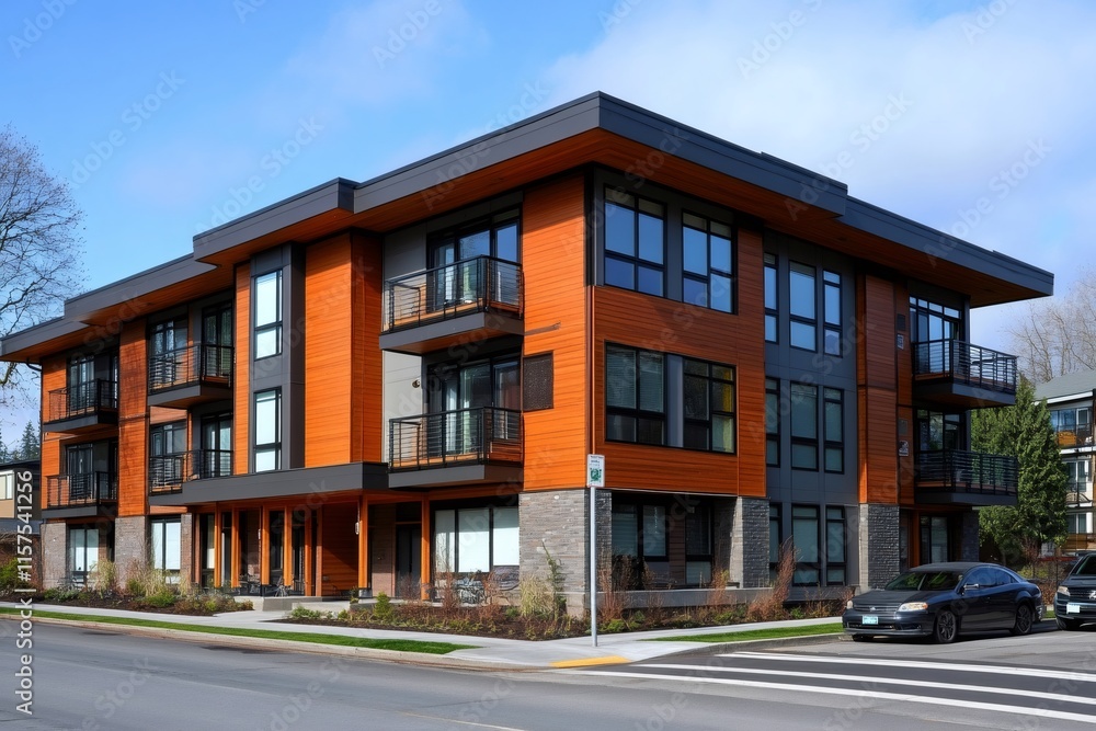 Fototapeta premium Modern apartment building with balconies and large windows on a sunny day