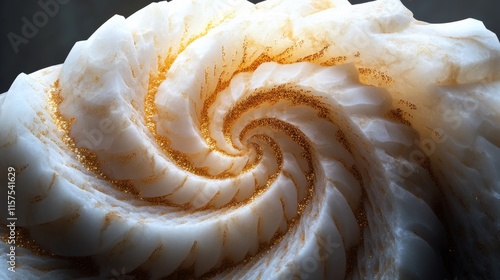 Intricate spiral shell with golden highlights against a dark background showcasing natural beauty and unique patterns photo