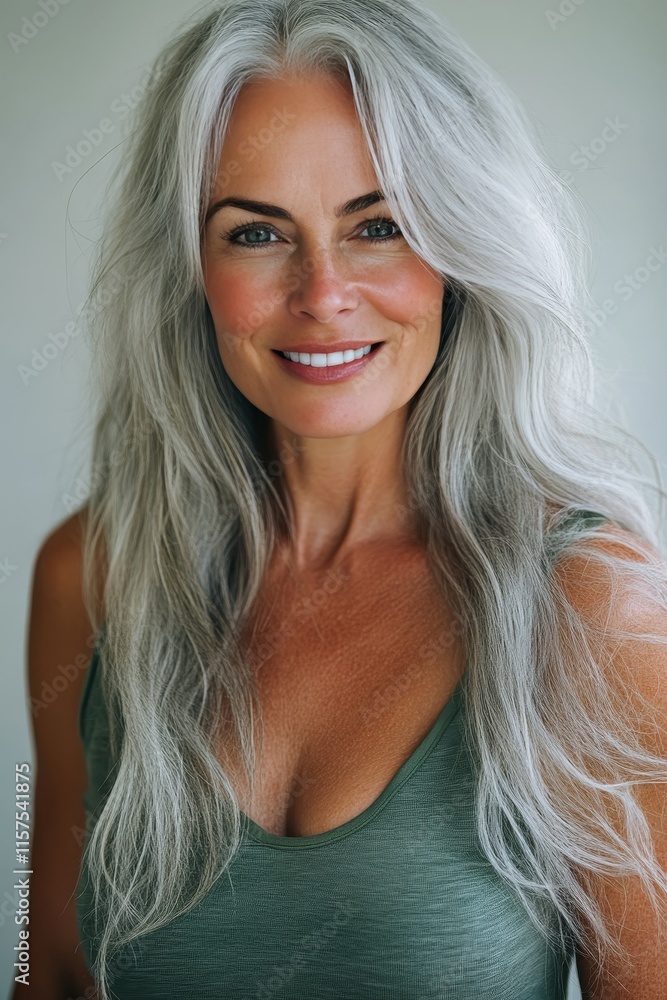 Naklejka premium Portrait of a Beautiful Senior Woman With Grey Hair, Smiling, Showing Clean Teeth, and Perfect Skin
