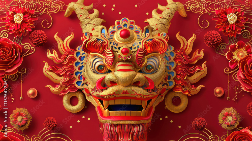 Fototapeta premium Chinese New Year vector, traditional festive theme, vibrant colors, rich red and gold details, detailed cultural elements, high-resolution illustration