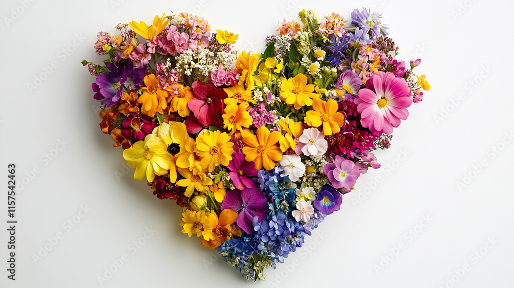 A heart made of flowers is displayed on a white background. The heart is made of various types of flowers, including purple and yellow flowers. The arrangement of the flowers creates a sense of warmth A heart made of flowers is displayed on a white background. The heart is made of various types of flowers, including purple and yellow flowers. The arrangement of the flowers creates a sense of warmth