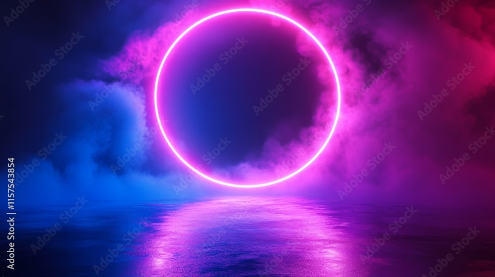 Vibrant neon circle surrounded by colorful mist reflecting on calm water at night in a futuristic setting Vibrant neon circle surrounded by colorful mist reflecting on calm water at night in a futuristic setting