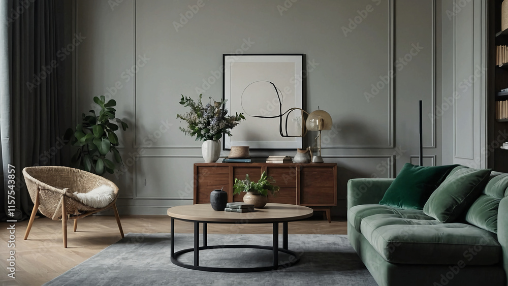 Fototapeta premium Mockup poster frame, round table, grey armchair, beige lamp, books, contemporary vase with green flowers, and personal items make up this chic living room arrangement. interior design. template.