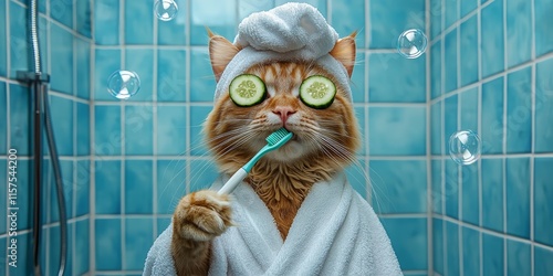 Cat enjoys a spa day with cucumber slices and toothbrush in a blue tiled bathroom photo