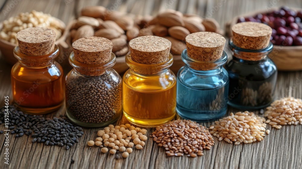 A collection of various oils in glass bottles alongside nuts and seeds on a wooden surface. A collection of various oils in glass bottles alongside nuts and seeds on a wooden surface.