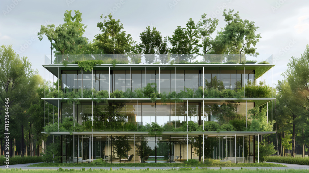 Modern glass office building with big trees around to reduce heat and carbon dioxide. Eco-friendly building and CO2 reduction corporate building. Sustainability Modern glass office building with big trees around to reduce heat and carbon dioxide. Eco-friendly building and CO2 reduction corporate building. Sustainability