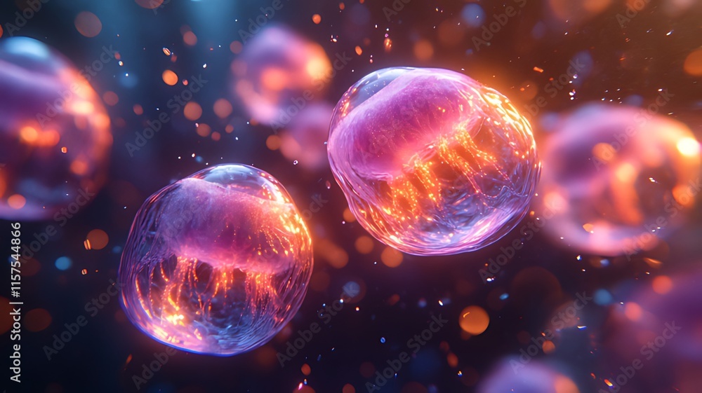 Glowing jellyfish encased in spheres, abstract underwater scene. Glowing jellyfish encased in spheres, abstract underwater scene.