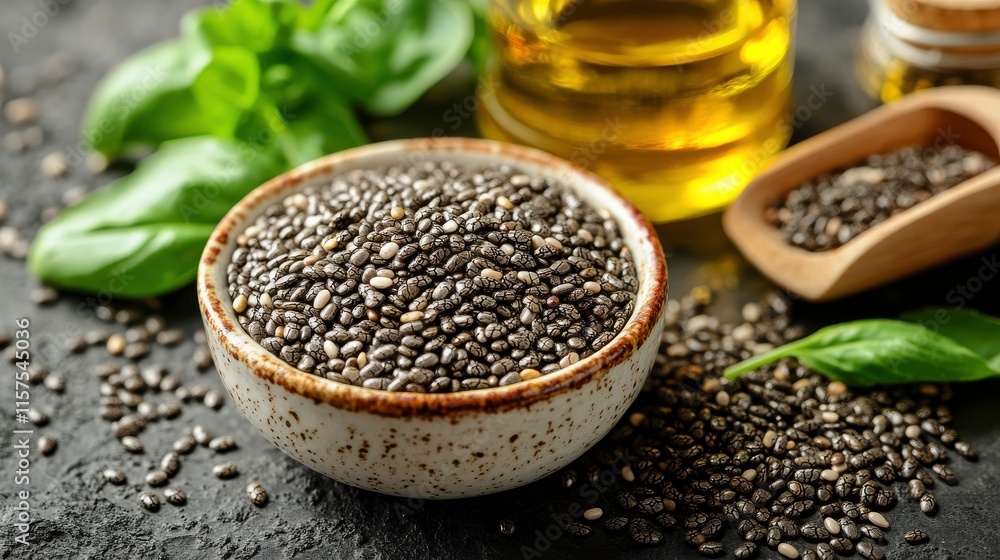 A bowl of chia seeds surrounded by basil leaves and oil, showcasing healthy ingredients. A bowl of chia seeds surrounded by basil leaves and oil, showcasing healthy ingredients.