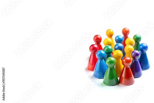 Colorful Game Pawns Close-Up Placed on Right Side of White Background with Copy Space photo