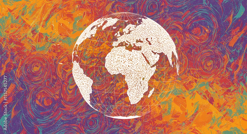 Naklejka premium Abstract Line Art of Planet Earth Globe in Space, Science Astronomy Graphic, Messy Colorful Design