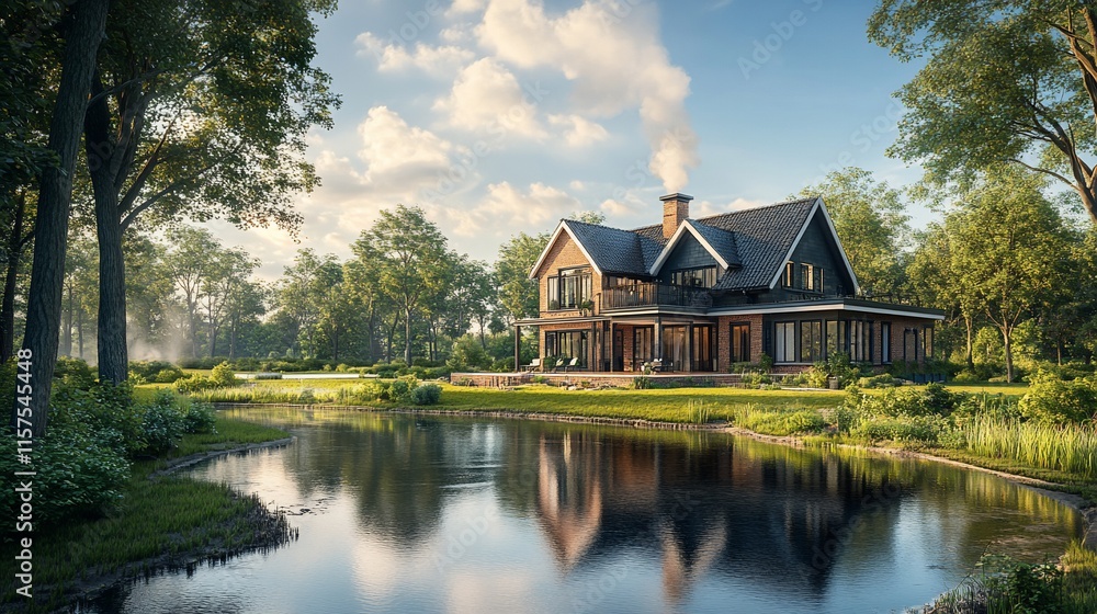 Fototapeta premium Dream house by lake in forest.
