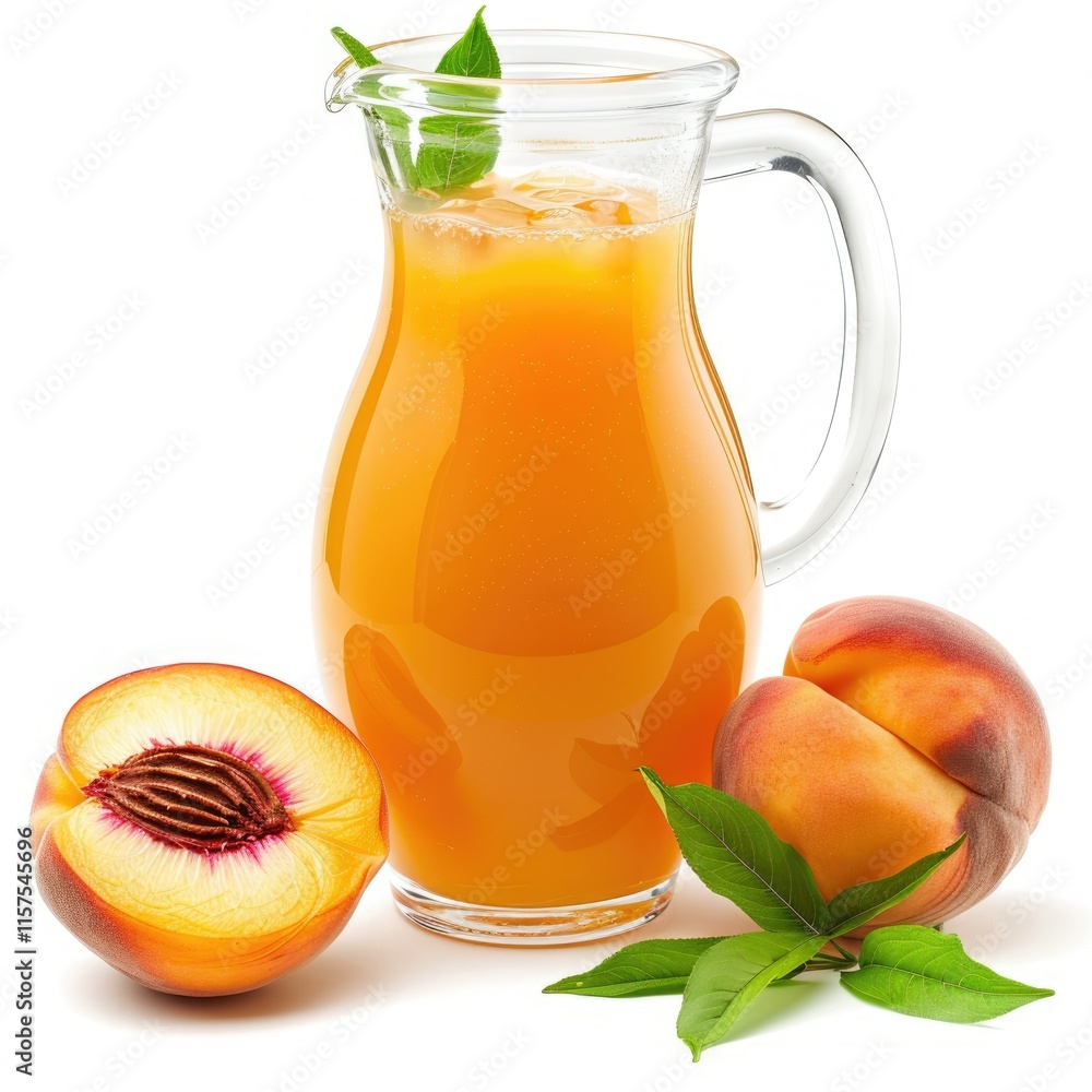 Refreshing pitcher of peach juice with ice and fresh peach slices. Refreshing pitcher of peach juice with ice and fresh peach slices.
