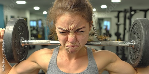 Strong woman lifting weights in gym showing determination and focus during workout session photo