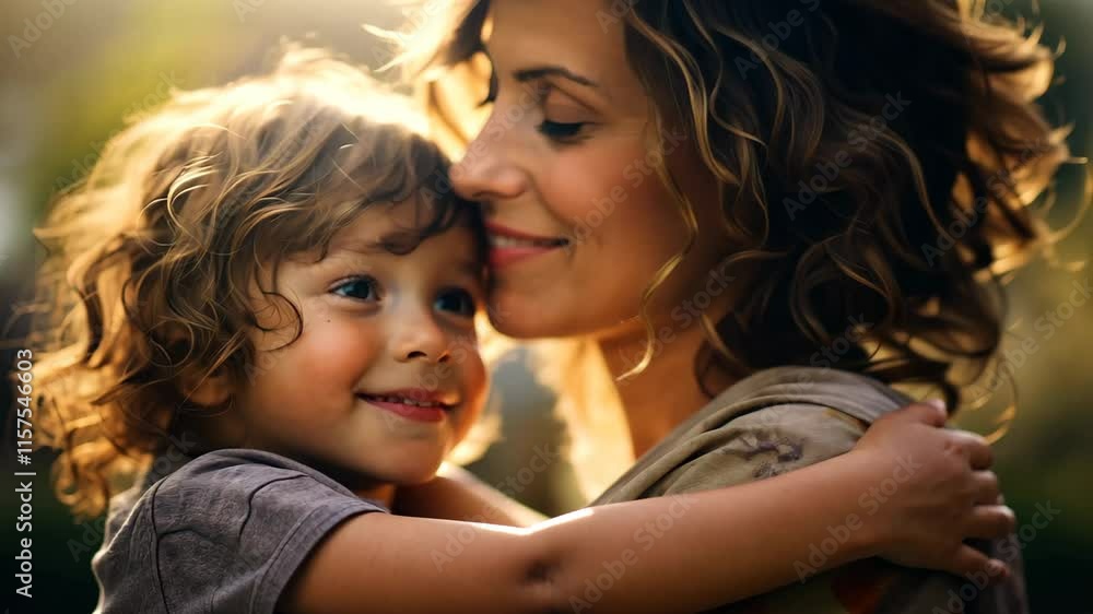 Mother Mom Embracing Child with Blurred Light Flares Bokeh Background, Family Love at Christmas Concept Mother Mom Embracing Child with Blurred Light Flares Bokeh Background, Family Love at Christmas Concept
