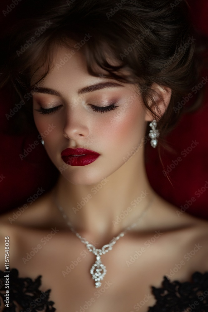 Elegant model wearing jewelry and makeup posing with closed eyes Elegant model wearing jewelry and makeup posing with closed eyes