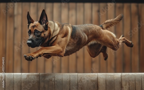 Belgian Malinois Dog Leaping Over Obstacle in Action Shot, Canine Agility, Brown Fur, Muscular, Energetic, Active, Jumping Dog, Powerful, Athletic, Dog Training