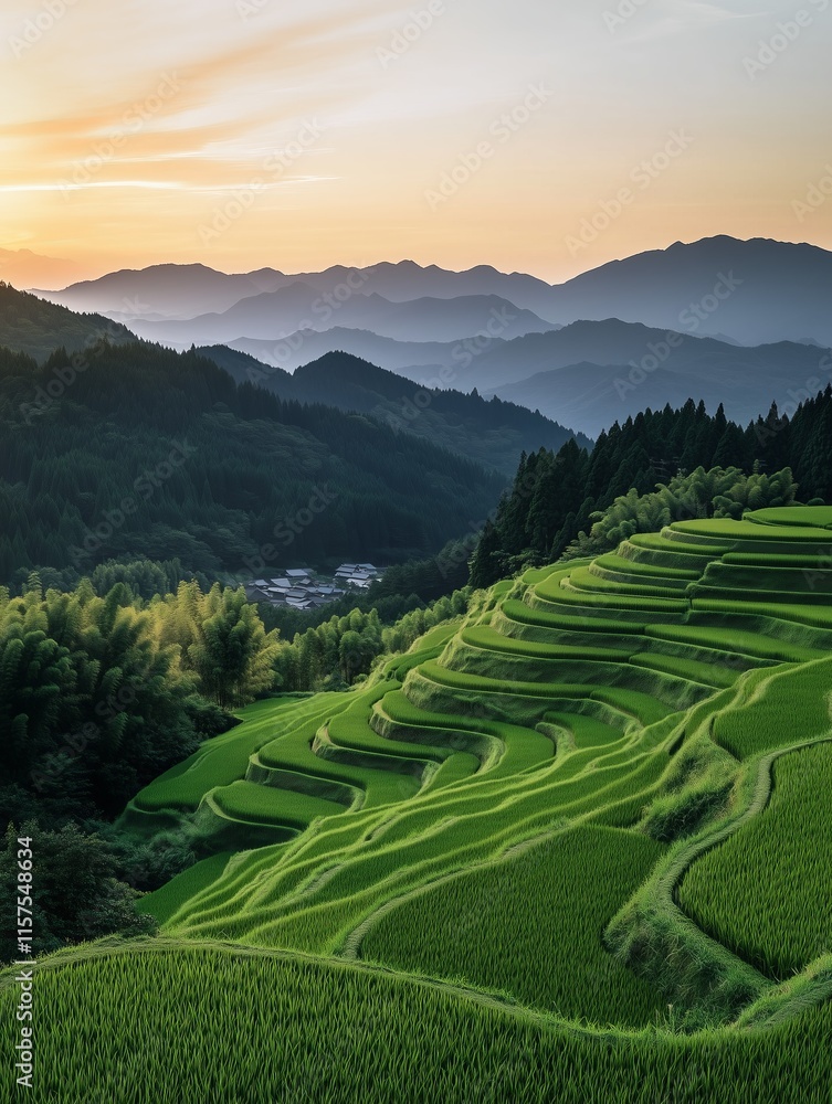 Panoramic view of Japanese rice paddies terraces at sunset illuminating mountains and trees Panoramic view of Japanese rice paddies terraces at sunset illuminating mountains and trees