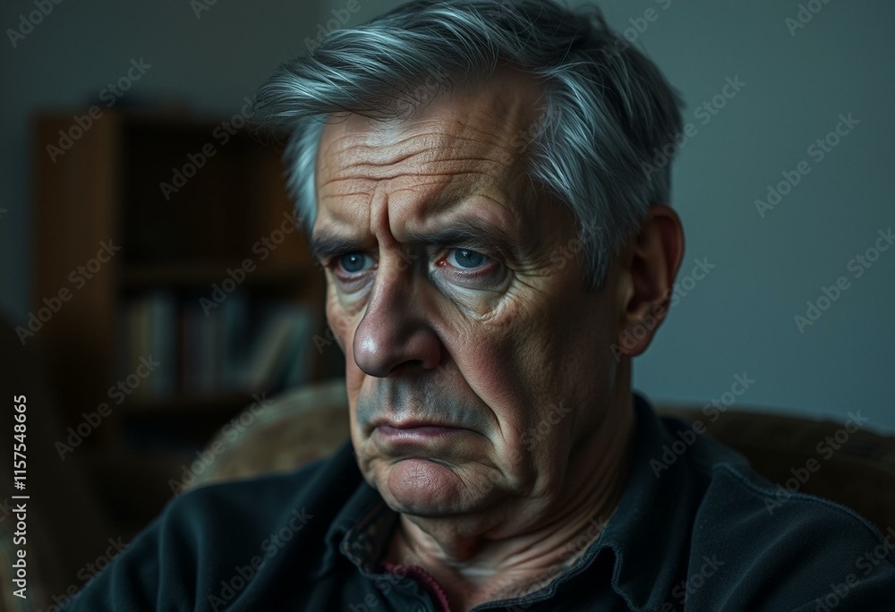 Obraz premium Old male with sorrowful expression and dimly lit room