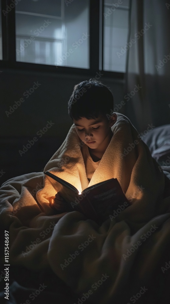 child reading a book with a flashlight under a blanket during a blackout child reading a book with a flashlight under a blanket during a blackout