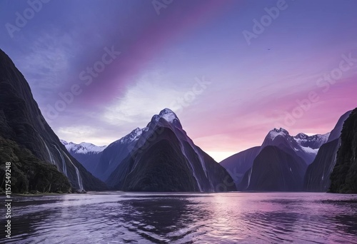 A photo of a sunrise at Milford Sound with vibrant purple and pink skies photo