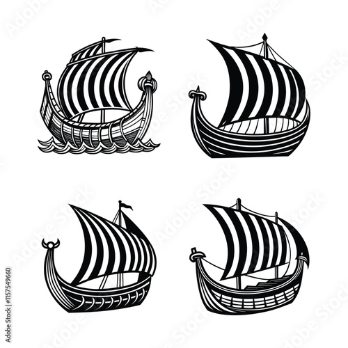 set of ships, Set of Viking Ship Illustrations - Black and White Vector Art