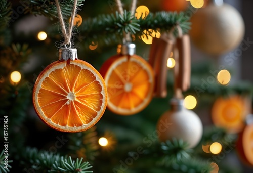 Close-up view of hand-made Christmas tree ornaments. Dried orange slices, cinnamon sticks hang from tree. Festive, cozy Christmas decor. Warm ambiance, homey feeling. Sustainable, zero-waste craft.