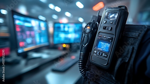 Tactical Radio Device on Security Vest Near Computer Screens