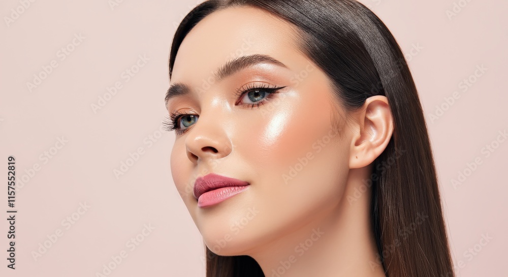 Fototapeta premium Elegant beauty portrait of young caucasian woman with radiant skin on soft pink background for skincare and health promotion