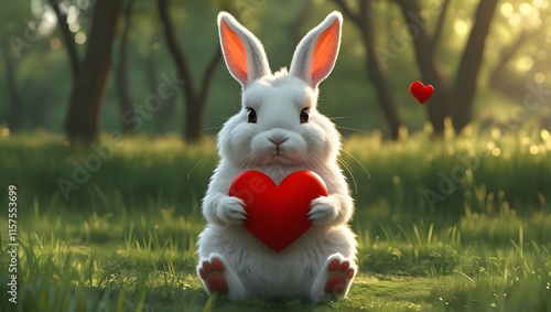 White Rabbit Holding a Red Heart in Its Paws . Cute and Romantic Animal Illustration.