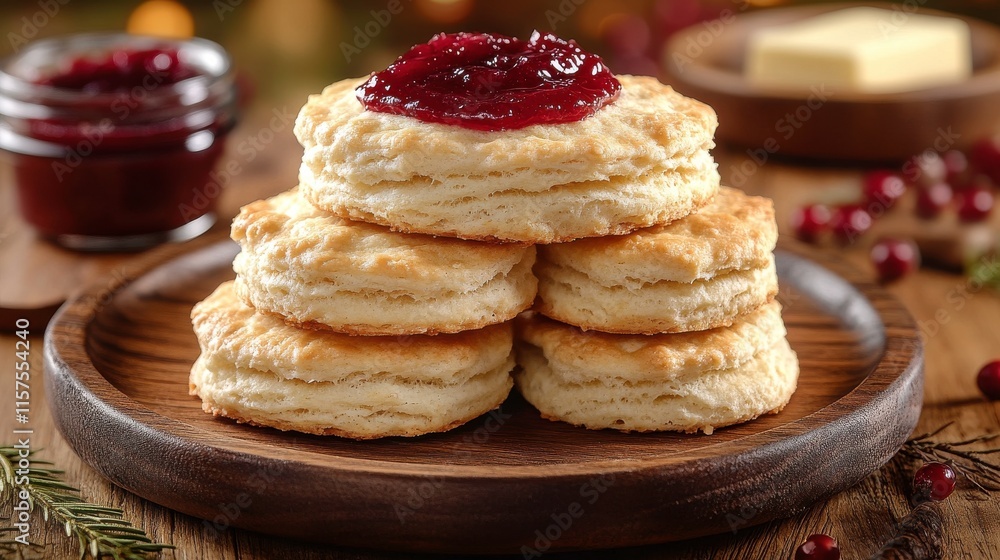 Flaky biscuits topped with jam on a wooden plate, evoking a cozy, homemade feel. Flaky biscuits topped with jam on a wooden plate, evoking a cozy, homemade feel.