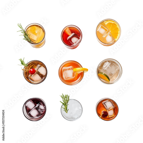 Collection top view of glasses with Summer Soda colorful drinks menu isolated or on white background, mocktail or cocktail for refreshing.	

