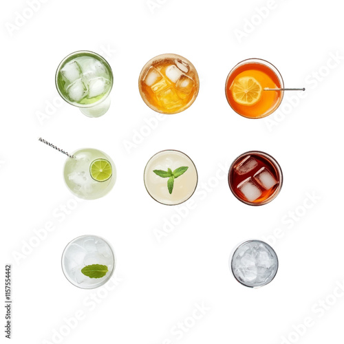 Collection top view of glasses with Summer Soda colorful drinks menu isolated or on white background, mocktail or cocktail for refreshing.	
