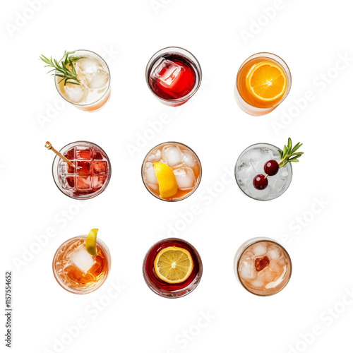 Collection top view of glasses with Summer Soda colorful drinks menu isolated or on white background, mocktail or cocktail for refreshing.	
