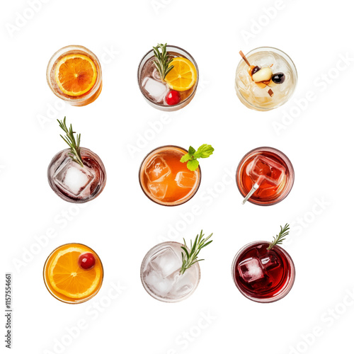 Collection top view of glasses with Summer Soda colorful drinks menu isolated or on white background, mocktail or cocktail for refreshing.	
