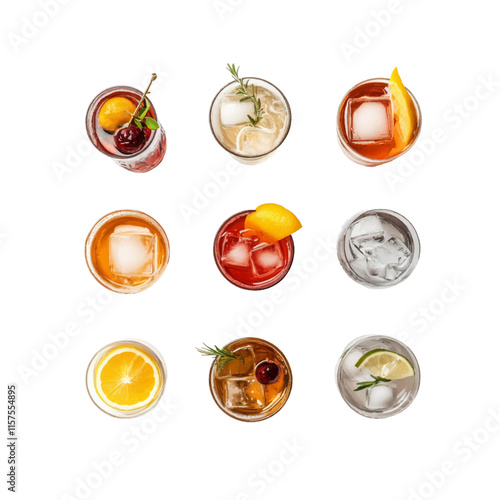 Collection top view of glasses with Summer Soda colorful drinks menu isolated or on white background, mocktail or cocktail for refreshing.	
