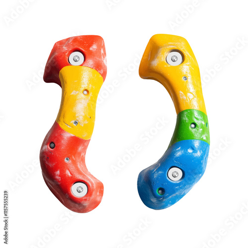Set of grips different colors and shapes for climbing wall isolated on white background. set collection of various artificial climbing holds. bouldering extreme sport	
