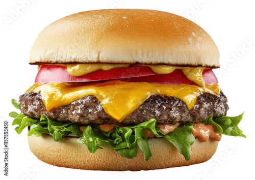 PNG A delicious cheeseburger with a juicy beef patty, melted cheese, fresh lettuce, tomatoes, and tangy mustard nestled in a soft bun.