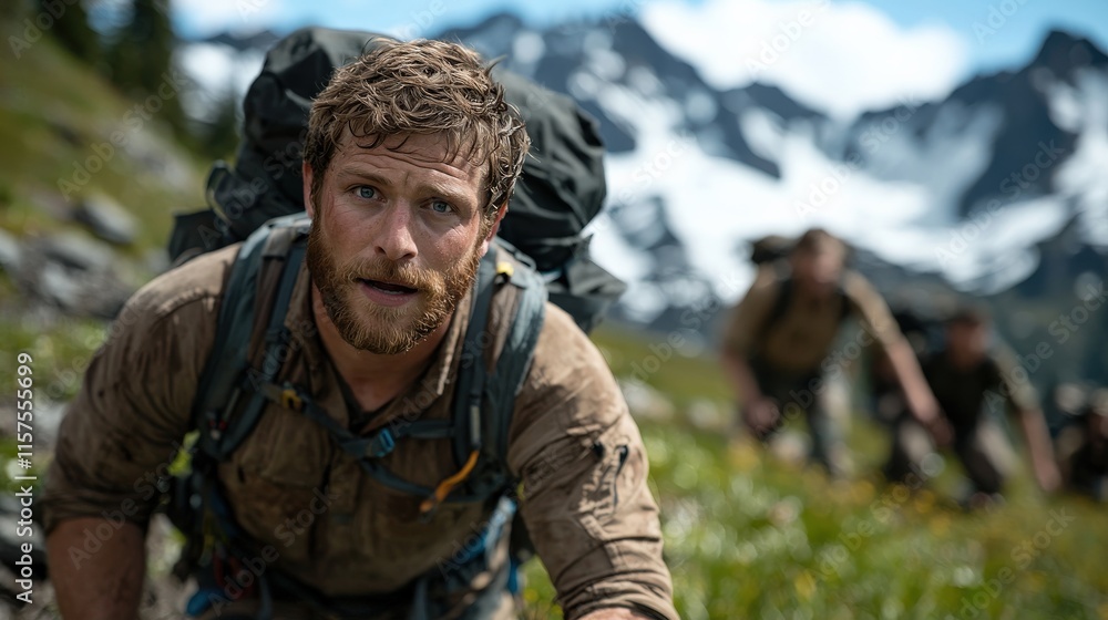 A rugged hiker climbs through a mountainous landscape, showcasing determination against a backdrop of snow-capped peaks. A rugged hiker climbs through a mountainous landscape, showcasing determination against a backdrop of snow-capped peaks.