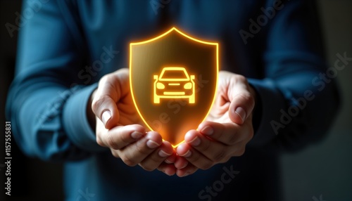 Man holds glowing car shield in hands. Concept of car insurance, safety. Protection of vehicle from damages illustrated. Insurance agent, businessman, customer buy image. Trendy themes include car photo