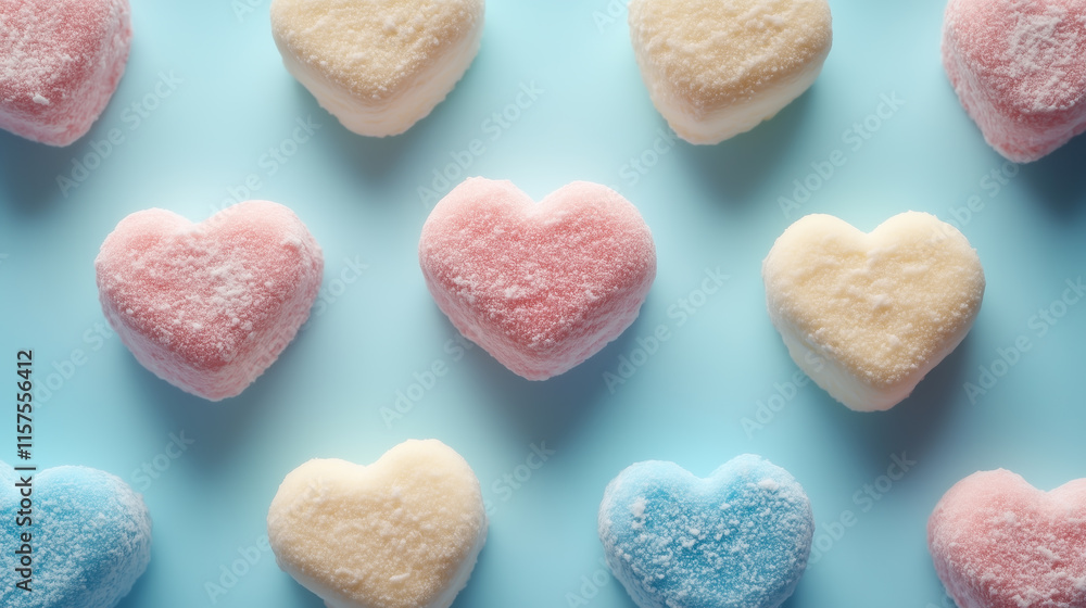 Obraz premium The photo shows colorful marshmallow hearts on a blue background. The hearts are pink, white, and blue, covered with powdered sugar