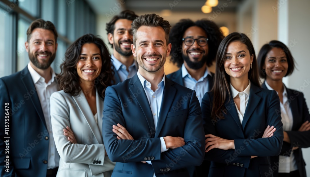 Diverse business team stands together in modern office. Professionals look directly at camera. Positive and confident expressions. Formal attire. Teamwork and collaboration. Modern business setting. Diverse business team stands together in modern office. Professionals look directly at camera. Positive and confident expressions. Formal attire. Teamwork and collaboration. Modern business setting.