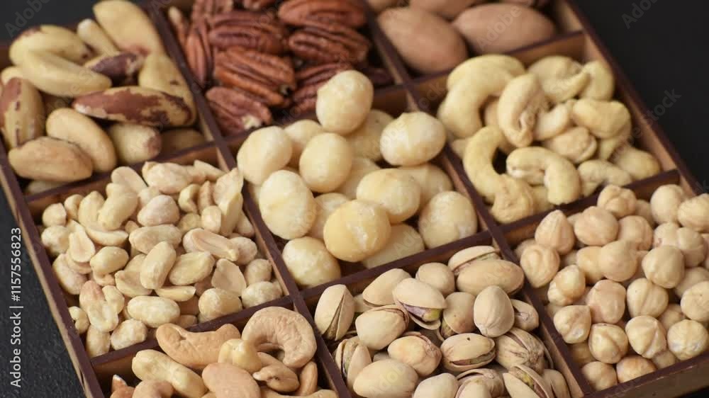Box with various nuts cashew, macadamia, peanut, cedar, pecan, walnut, brazil, hazelnut on dark textured background Box with various nuts cashew, macadamia, peanut, cedar, pecan, walnut, brazil, hazelnut on dark textured background