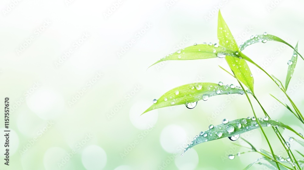 Obraz premium Fresh green leaves adorned with water droplets against a soft blurred background, perfect for themes of nature, freshness, and rejuvenation in wellness, gardening, or environmental projects,
