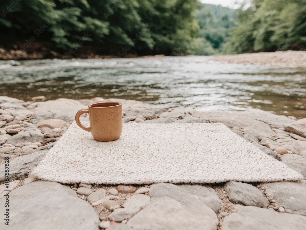 A serene riverside scene featuring a cozy rug and a coffee mug, inviting relaxation and connection with nature. A serene riverside scene featuring a cozy rug and a coffee mug, inviting relaxation and connection with nature.