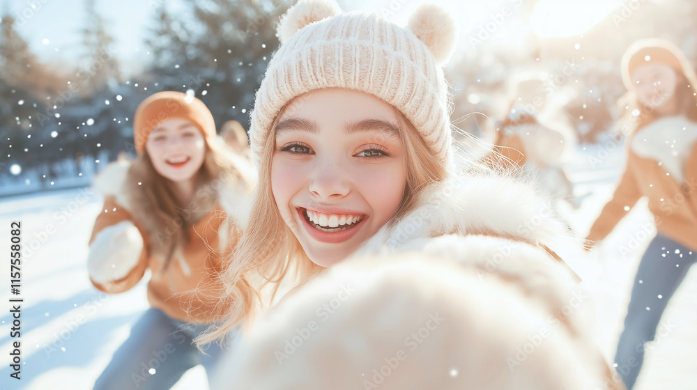 Beautiful teenager girls with fur coat in a snowy park in winter frolicking with best friends Beautiful teenager girls with fur coat in a snowy park in winter frolicking with best friends