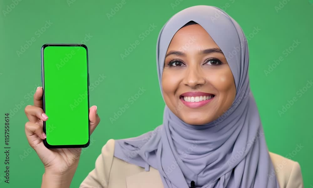 Smiling Woman in Hijab Shows Green Screen Smartphone Smiling Woman in Hijab Shows Green Screen Smartphone